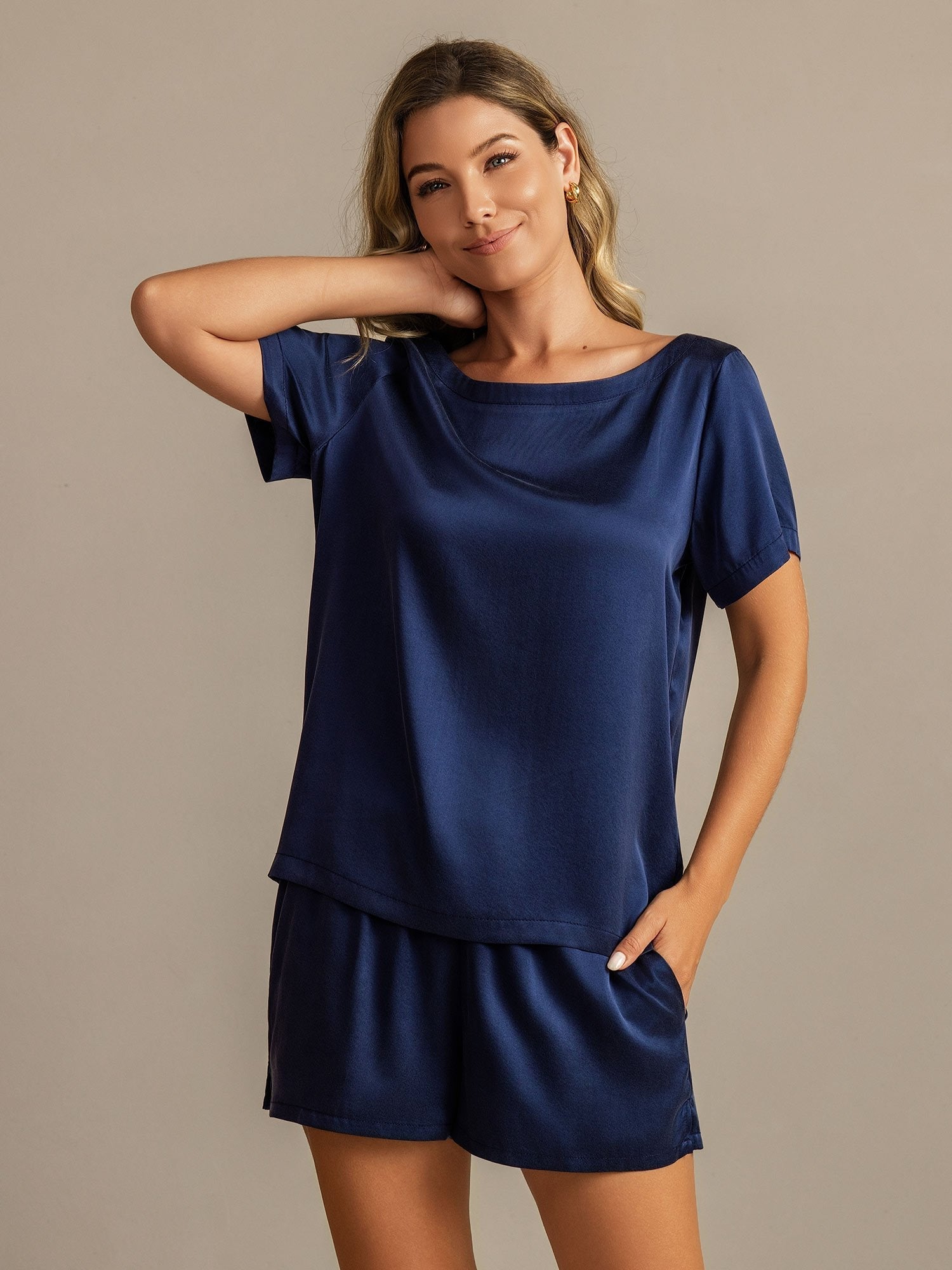 [Bleu Foncé] SilkSilky-FR 19Momme Soie Col Rond Femme Pyjamas 003,