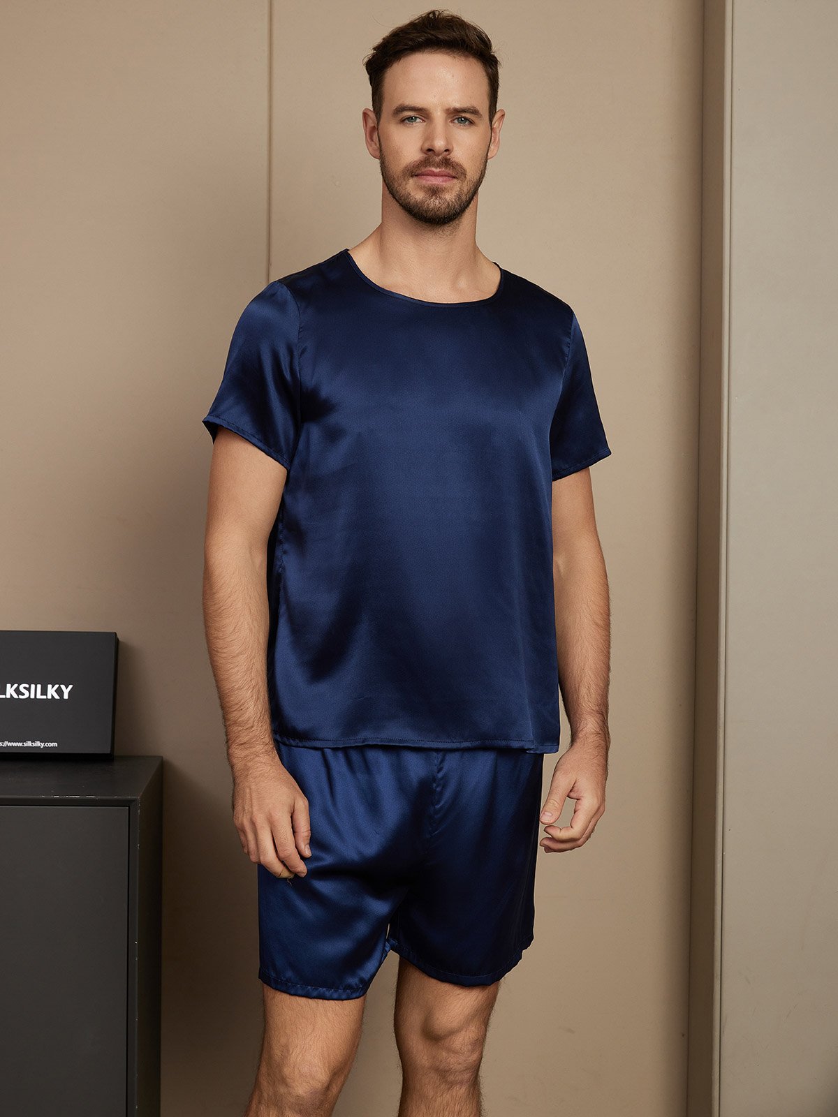 SilkSilky FR Pure Soie Manches courtes Col Rond Homme Pyjamas BleuFoncé 003