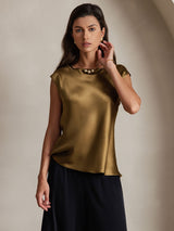 [Brun] SilkSilky-FR Cap Sleeve Round Neck Femme T-Shirt 001