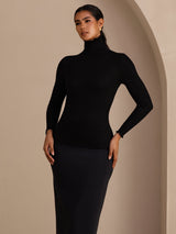 [Noir] SilkSilky-FR Long Sleeve Turtle Neck Femme T-Shirt 004