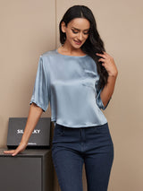[Bleu Grisâtre] SilkSilky-FR Manches mi-longues Encolure Dégagée Femme T-Shirt 004