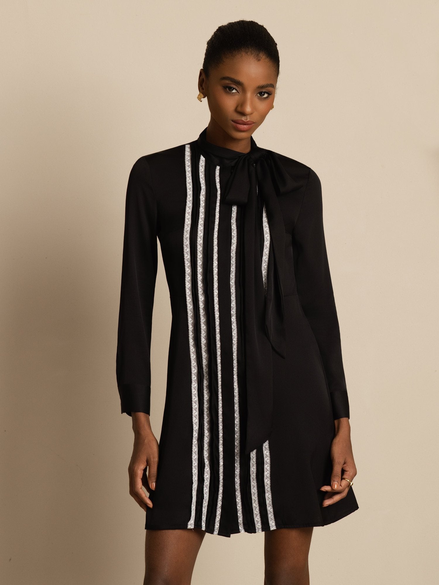 [Noir] SilkSilky-FR 19Momme Soie Manches longues À Nouer Robes 003