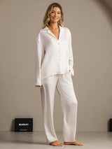 [Blanc] SilkSilky-FR 19Momme Manches longues Col Cranté Femme Pyjamas 003