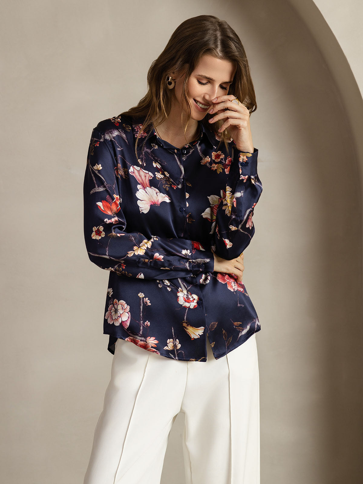 [Floral Marine] SilkSilky-FR Soie Col Chemise Femme Chemise 005