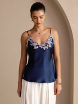 [Bleu Foncé] SilkSilky-FR Sleeveless V Neck Top À Fines Brides 001