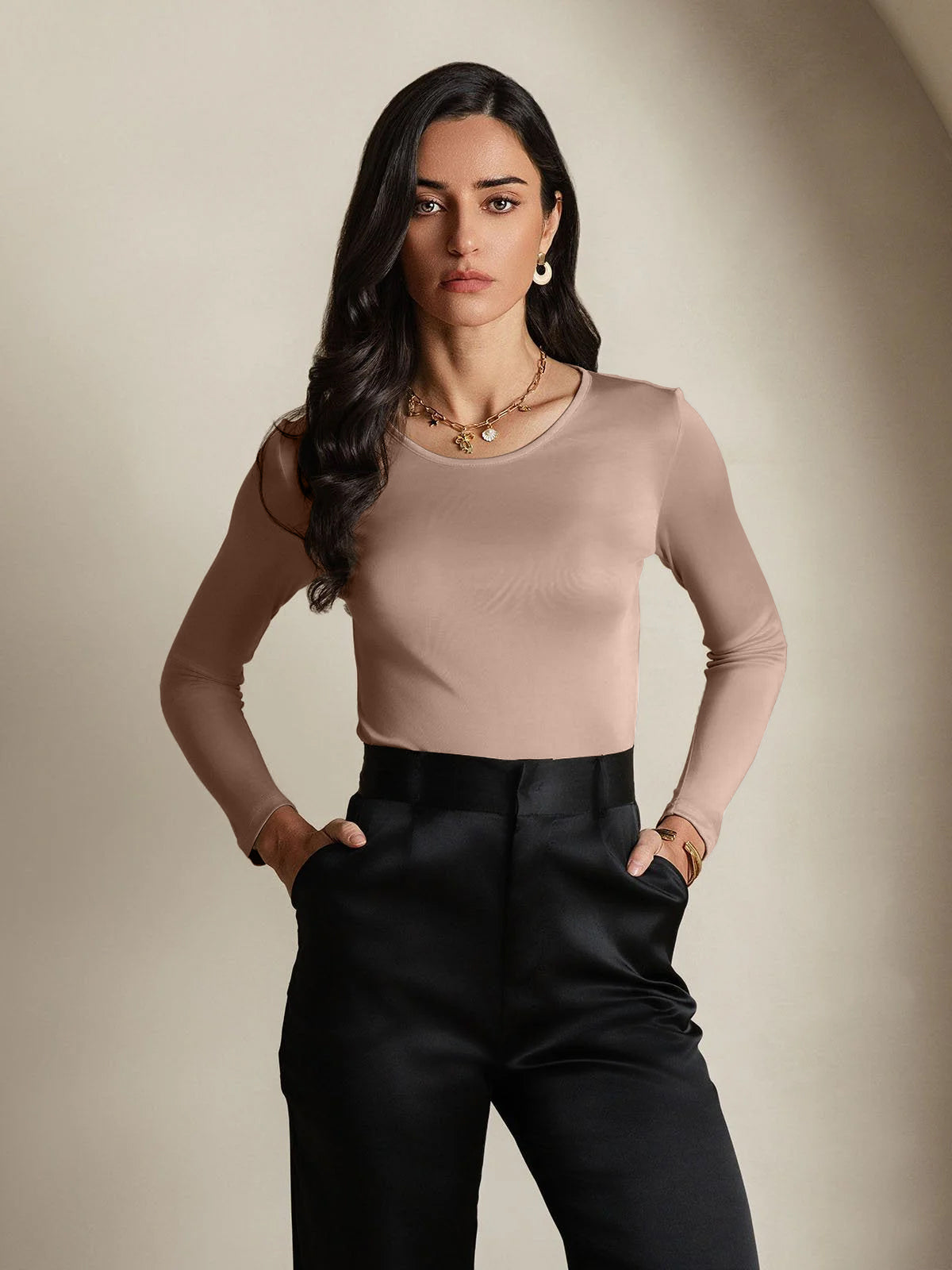[Café] SilkSilky-FR Manches longues Col Rond Femme T-Shirt 001