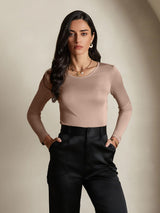 [Café] SilkSilky-FR Manches longues Col Rond Femme T-Shirt 001