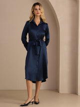 [Bleu Foncé] SilkSilky-FR Long Sleeve Lapel Collar Robes 006