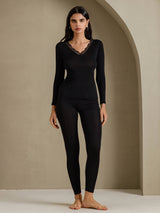 [Noir] SilkSilky-FR Long Sleeve V Neck Sous Vêtements Longs Femme 001