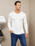 SilkSilky FR Soie Tricotée Manches longues Col Rond Homme T Shirt Blanc 003