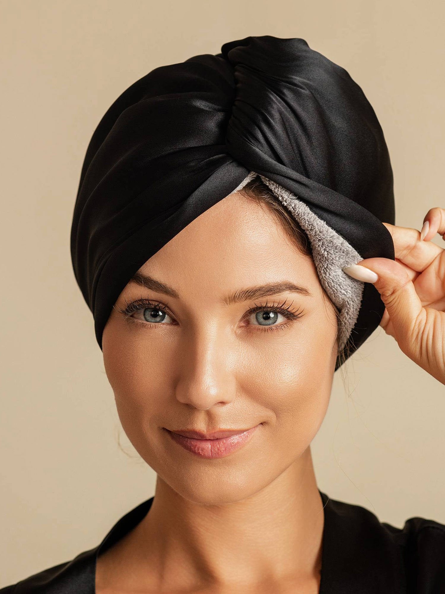 [Noir] SilkSilky-FR Soie Hair Towel Wrap 001,