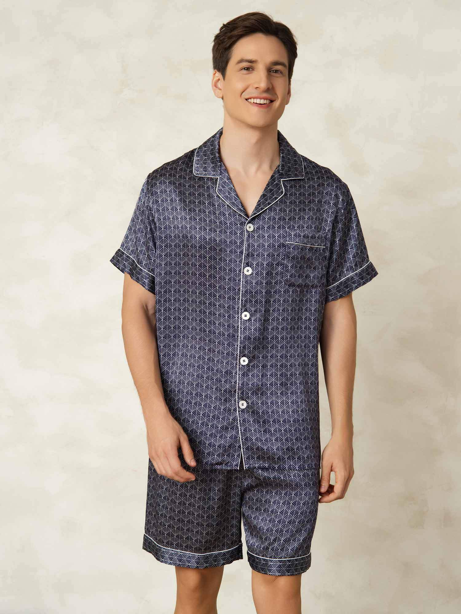 [GinkgoMarine] SilkSilky-FR Soie Col Chemise Homme Pyjamas 001