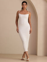 [Blanc] SilkSilky-FR Spaghetti Strap Square Neck Robes 007
