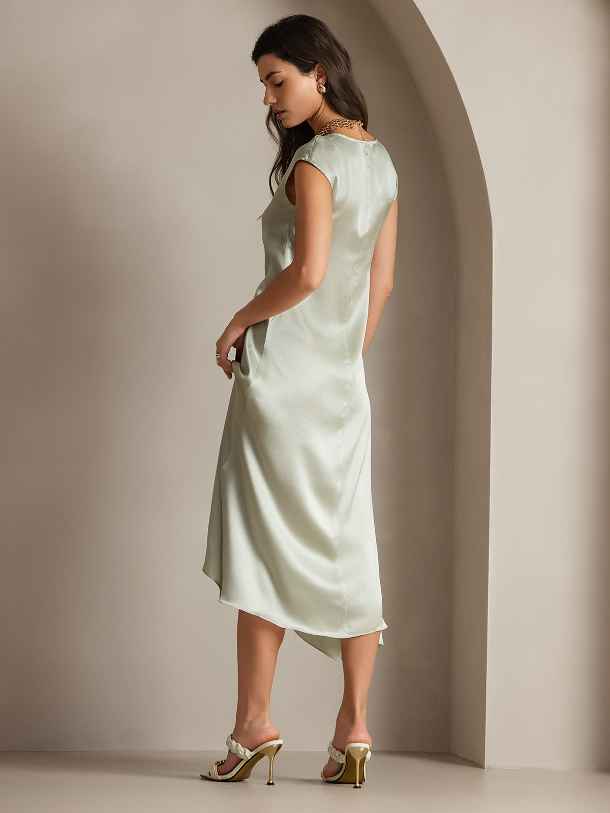 [Vert Clair] SilkSilky-FR 19Momme Soie Col Rond Robes 001