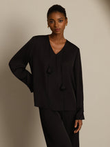 [Noir] SilkSilky-FR Long Sleeve V Neck Blouse 003