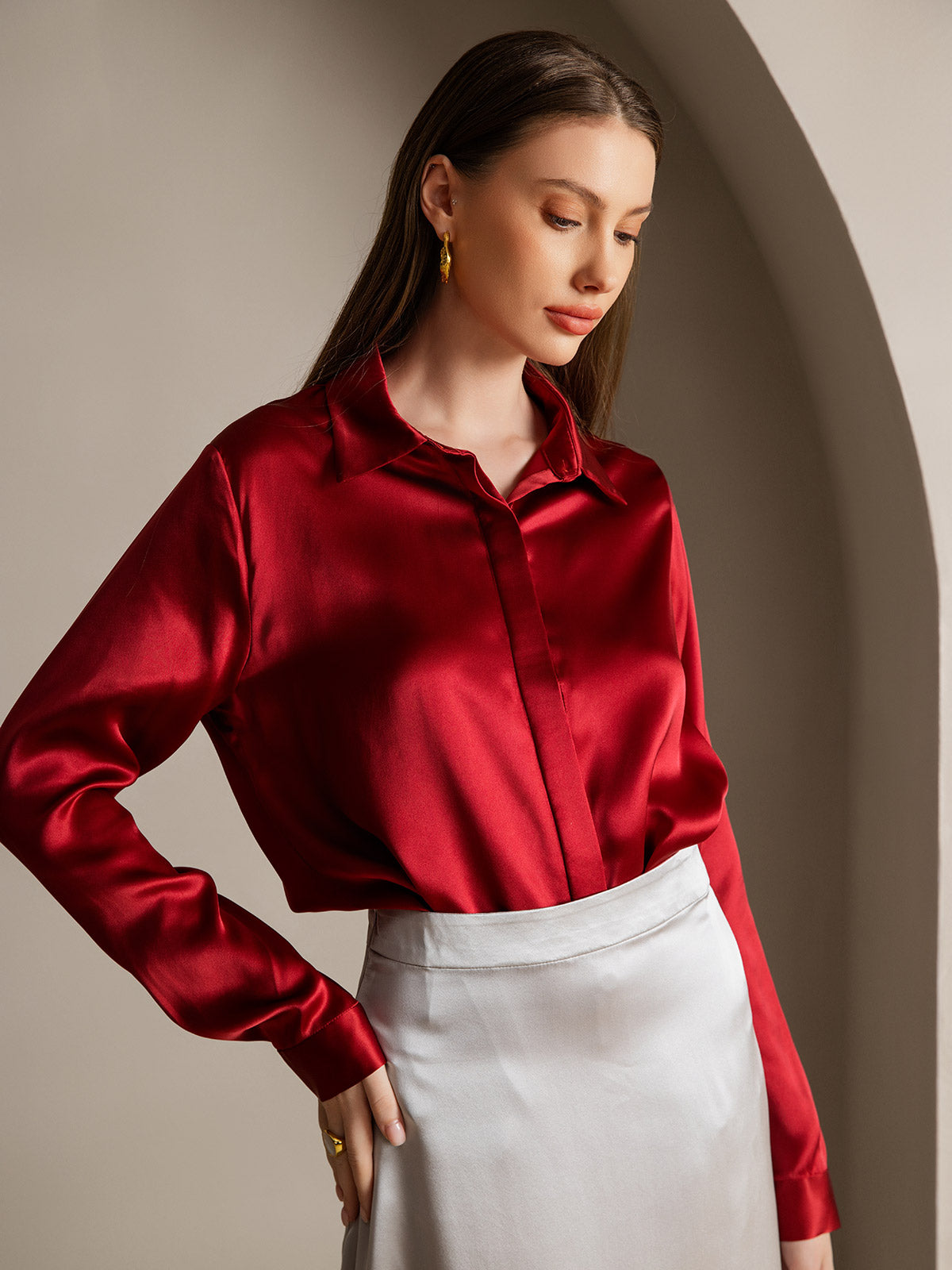 [Rouge Vineux] SilkSilky-FR 19Momme Soie Lapel Collar Femme Chemise 001