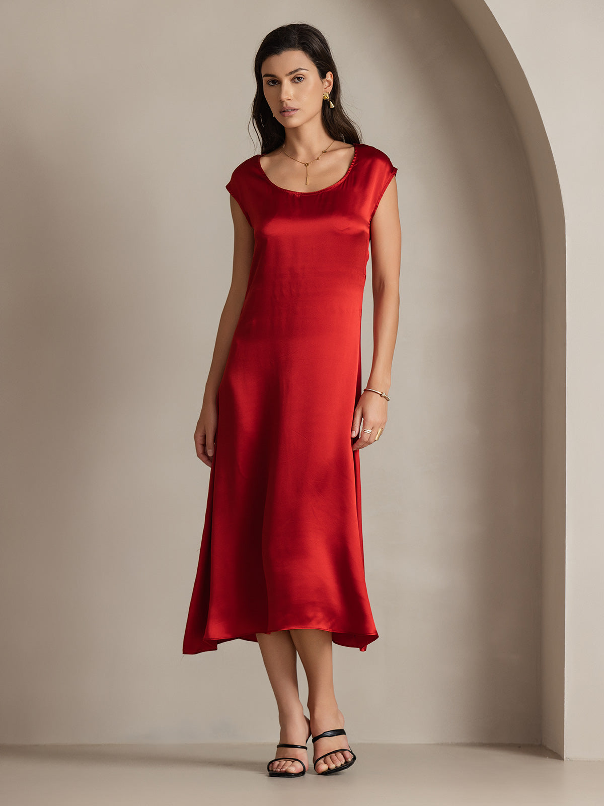 [Rouge Vineux] SilkSilky-FR 19Momme Soie Col Rond Robes 001