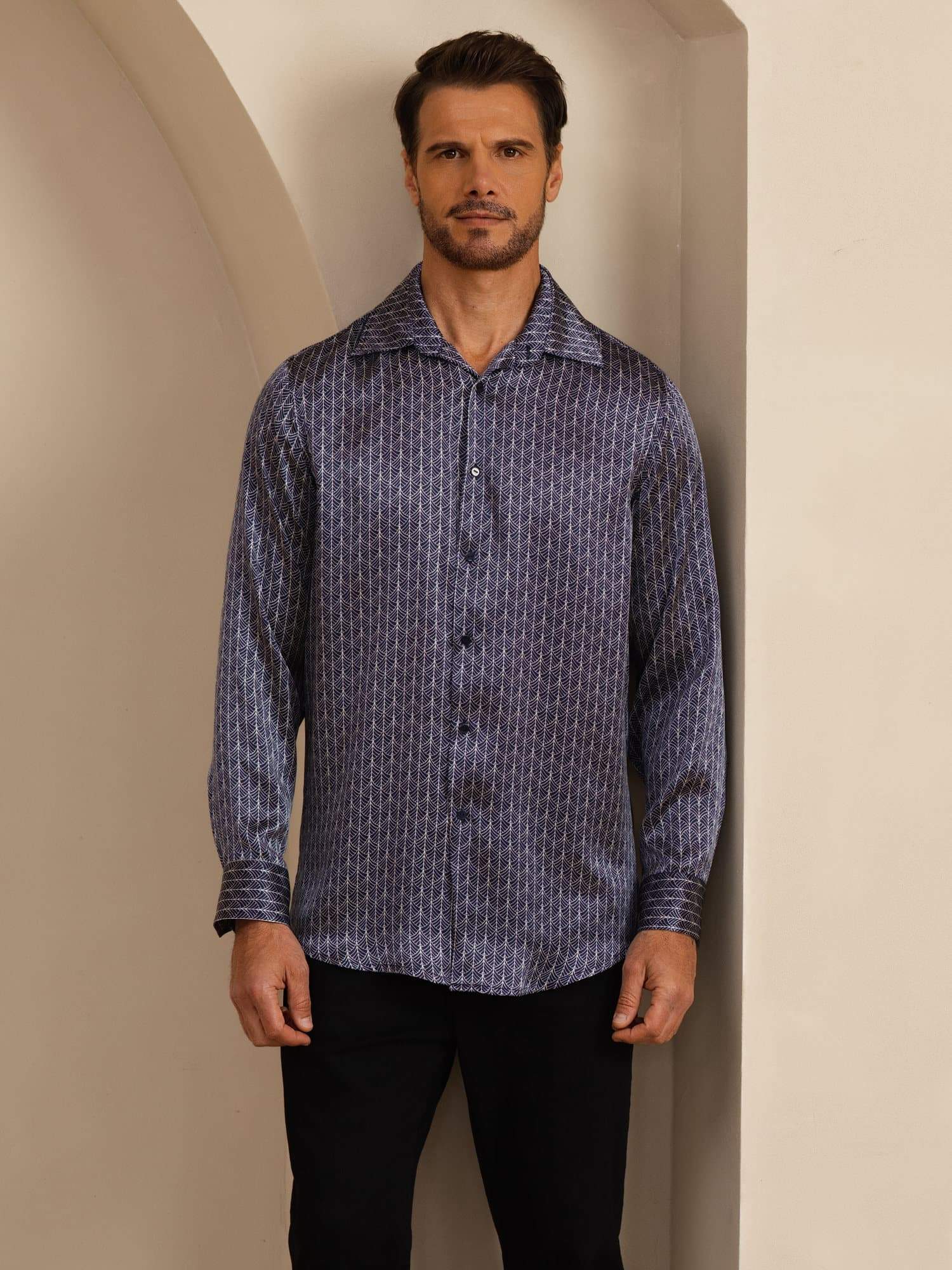 [Ginkgo Marine] SilkSilky-FR Manches longues Col à Revers Homme Chemise 004