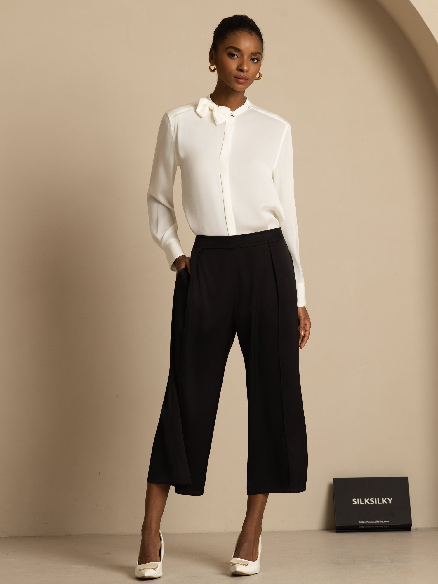 [Blanc] SilkSilky-FR 19Momme Soie Manches longues Col Montant Blouse 008