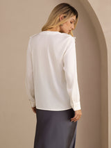 [Blanc] SilkSilky-FR Long Sleeve Deep V Neck Blouse 002