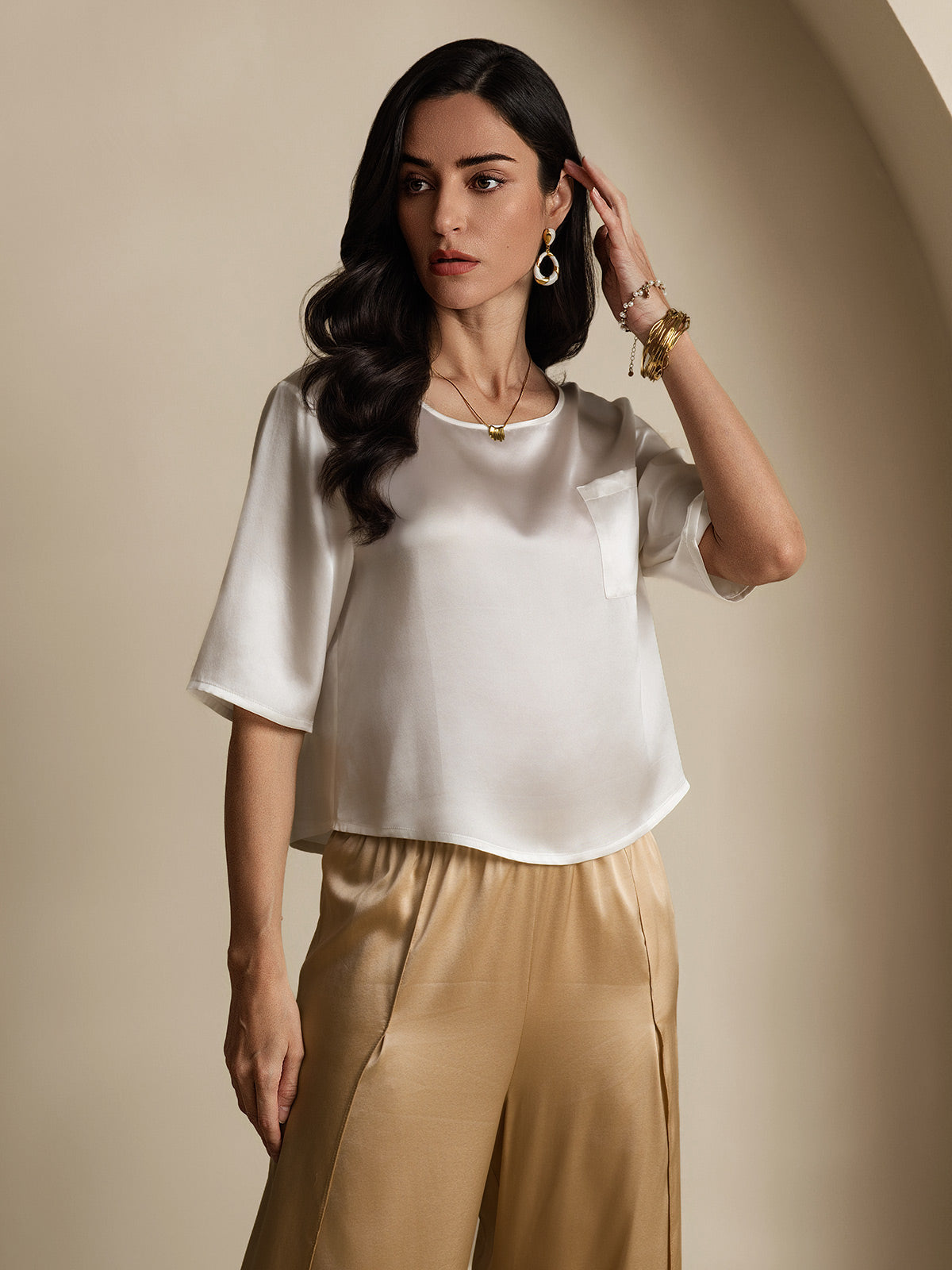 [Blanc] SilkSilky-FR Pure Soie Manches mi-longues Col Bateau Femme T-Shirt 004