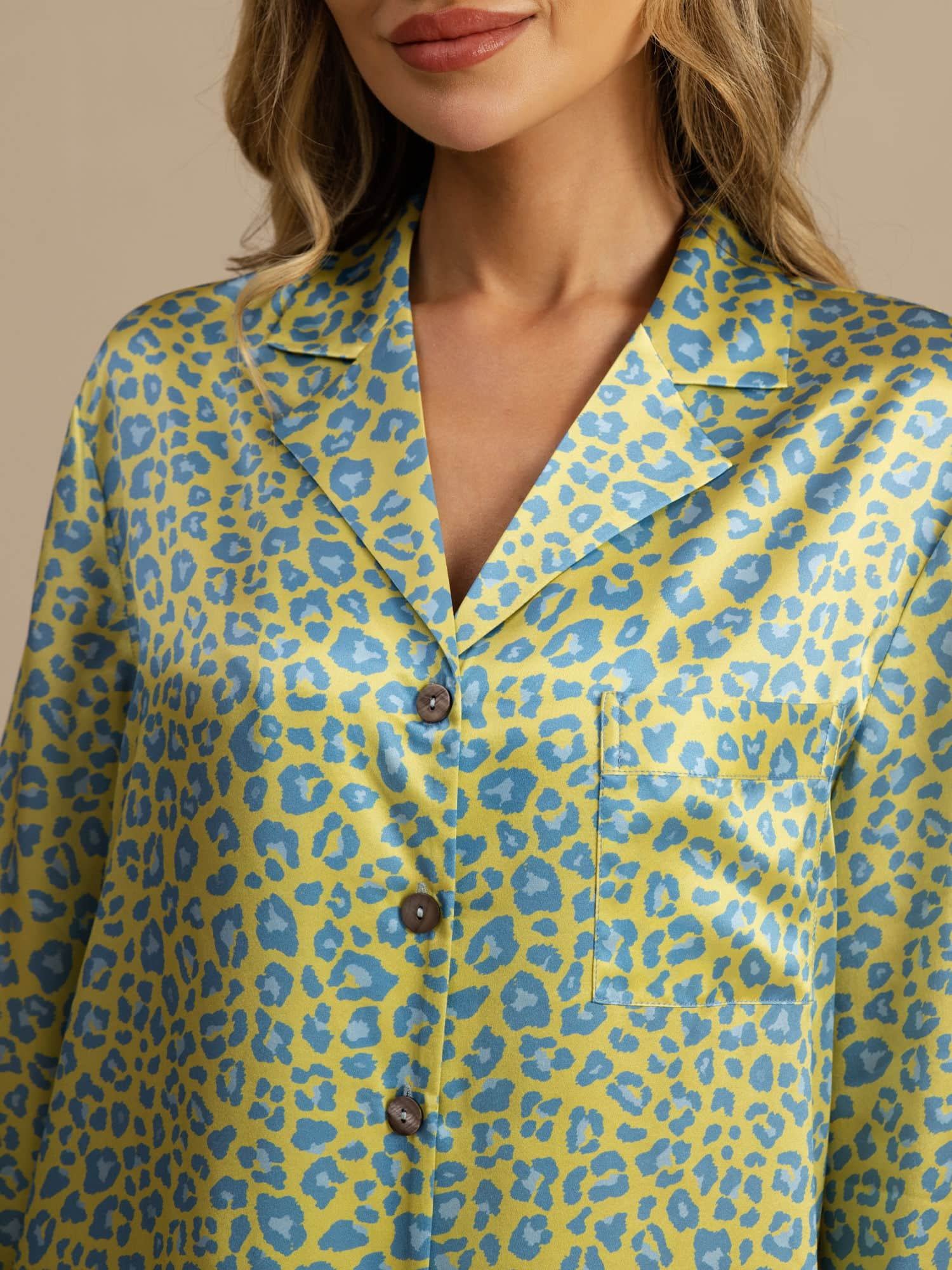 [Léopard Vert] SilkSilky-FR 19Momme Manches longues Chemise pour dormir 006