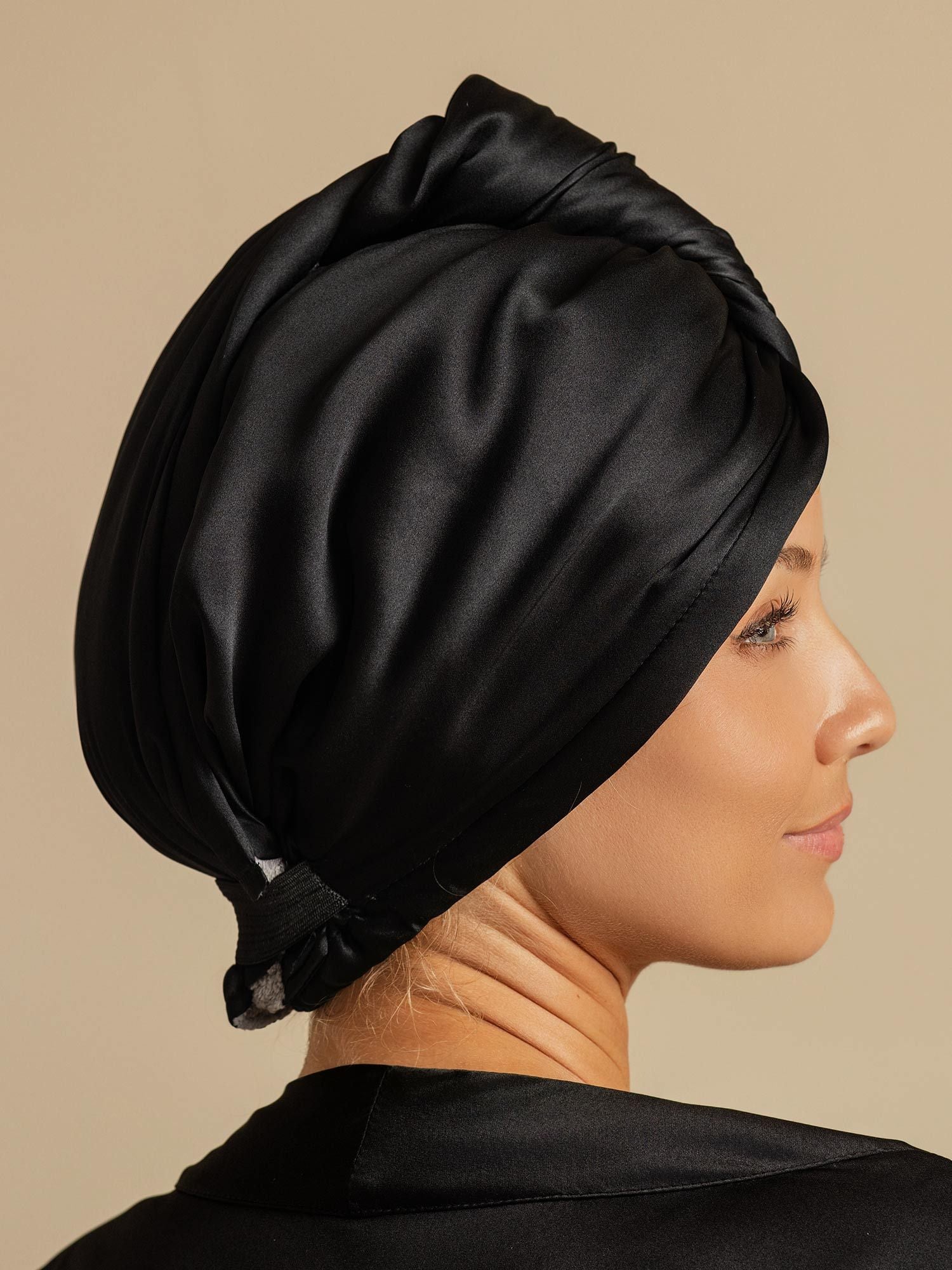 [Noir] SilkSilky-FR Soie Hair Towel Wrap 002,