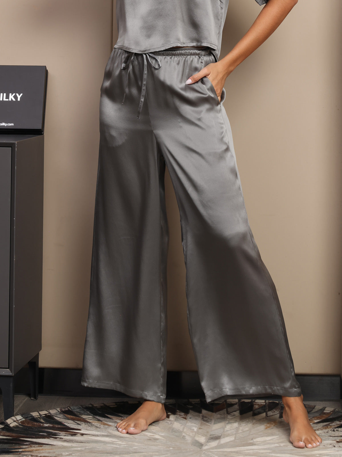 [Gris Foncé] SilkSilky-FR Pure Soie Womens Pants 001