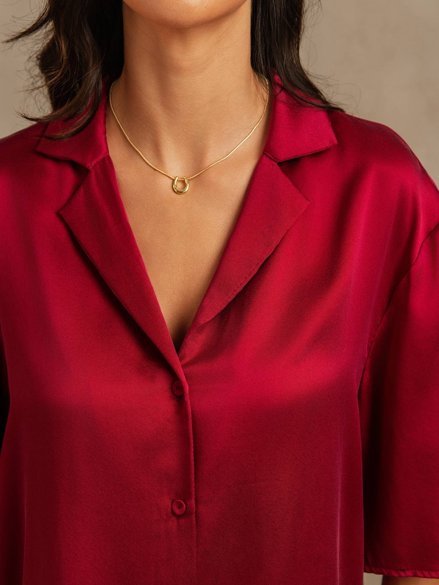 [Rouge Vineux] SilkSilky-FR 19Momme Soie Manches mi-longues Col Chemise Femme Pyjamas 004