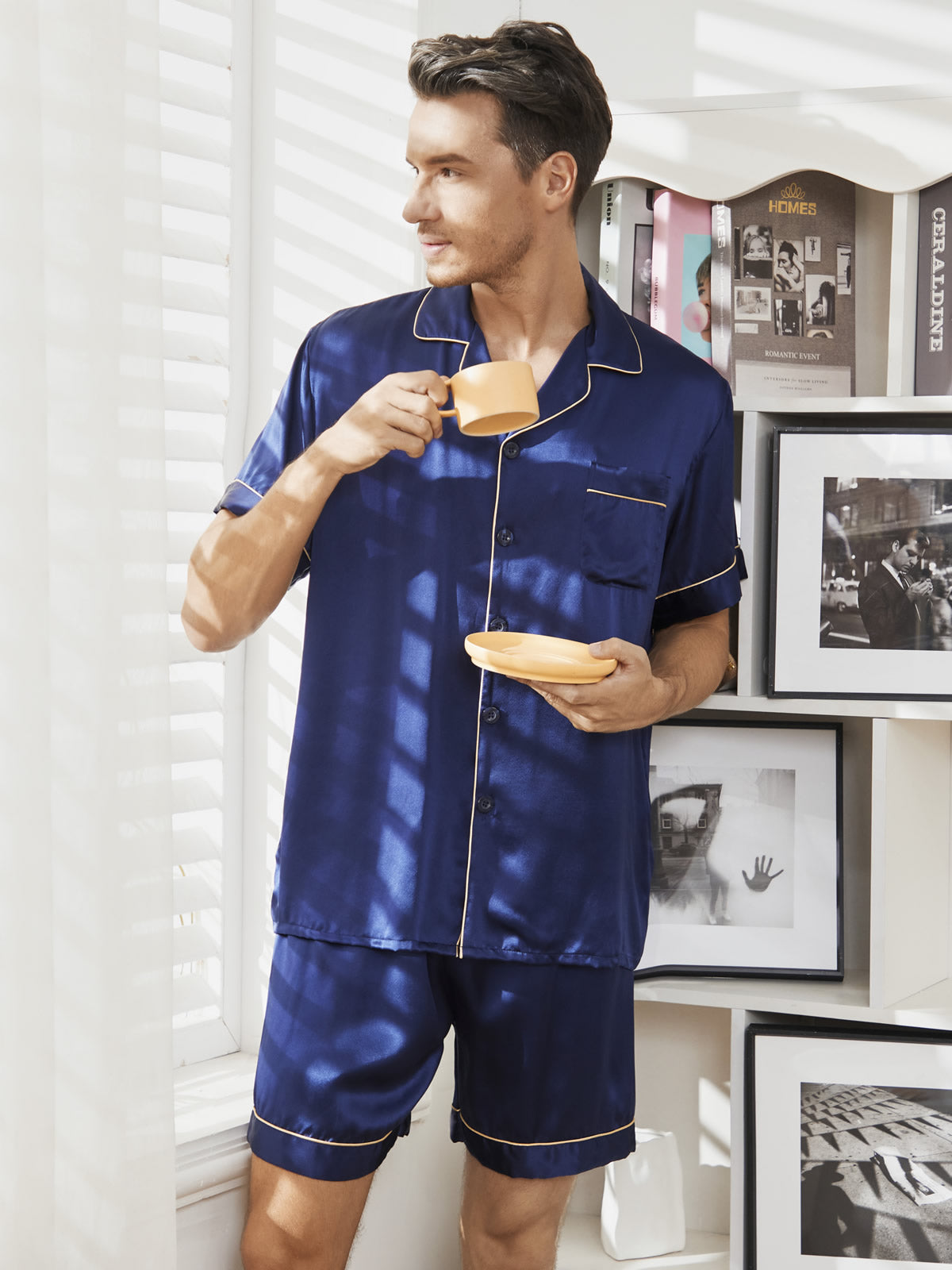 SilkSilky FR Pure Silk Short Sleeve Mens Pajamas BleuFoncé 001