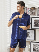 [Bleu Foncé] SilkSilky-FR Manches courtes Col Cranté Homme Pyjamas 001