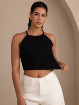 [Noir] SilkSilky-FR Sleeveless Crew Neck Top À Fines Brides 004