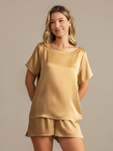 [Tan] SilkSilky-FR 19Momme Manches courtes Col Rond Femme Pyjamas 007
