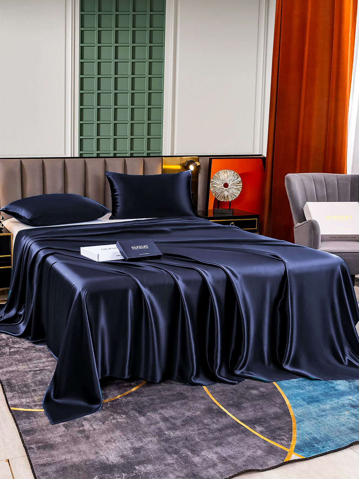 [Bleu Foncé] SilkSilky-FR 25Momme Pure Soie Bedding Set 003