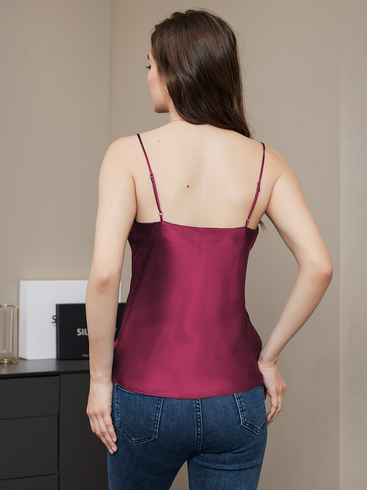 [Fuchsia] SilkSilky-FR Pure Soie Col en V Top À Fines Brides 002