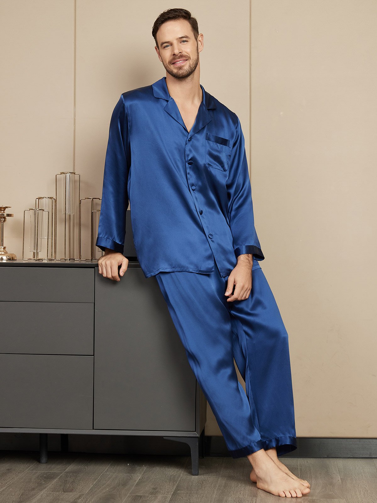 [Bleu Foncé] SilkSilky-FR Pure Soie Mens Pajamas 004