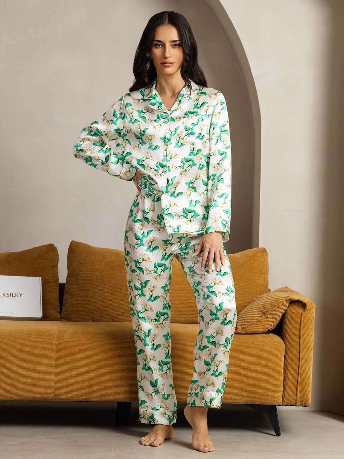 [Floral Vert] SilkSilky-FR Pure Soie Womens Pajamas 001