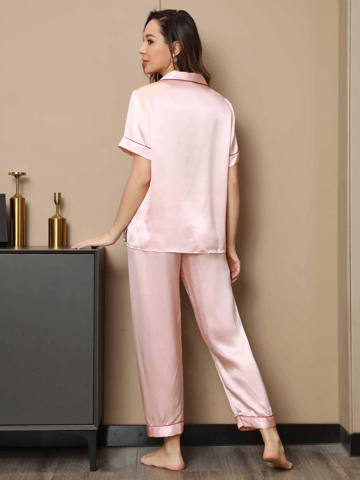 SilkSilky-FR Pure Soie Manches courtes Revers Femme Pyjamas Rose 002