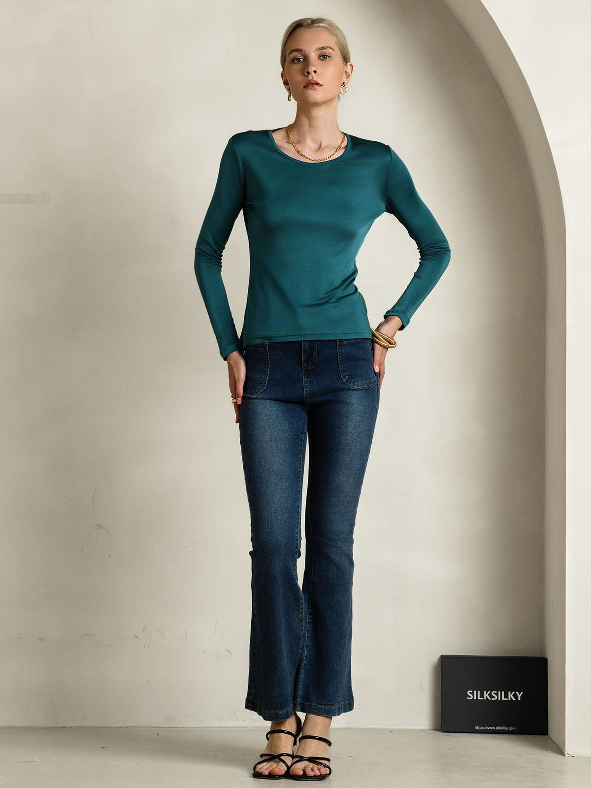 [Vert Foncé] SilkSilky-FR Soie Col Rond Femme T-Shirt 005