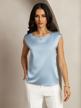 [Bleu Grisâtre] SilkSilky-FR Cap Sleeve Round Neck Femme T-Shirt 001