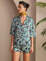 [Botanique Sarcelle] SilkSilky-FR Short Sleeve Notch Collar Femme Pyjamas 003