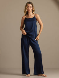 Vue pantalon large soie bleu foncé jambes larges