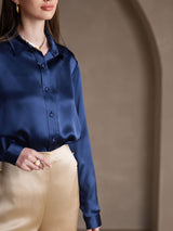 [Bleu Foncé] SilkSilky-FR Long Sleeve Lapel Collar Femme Chemise 006