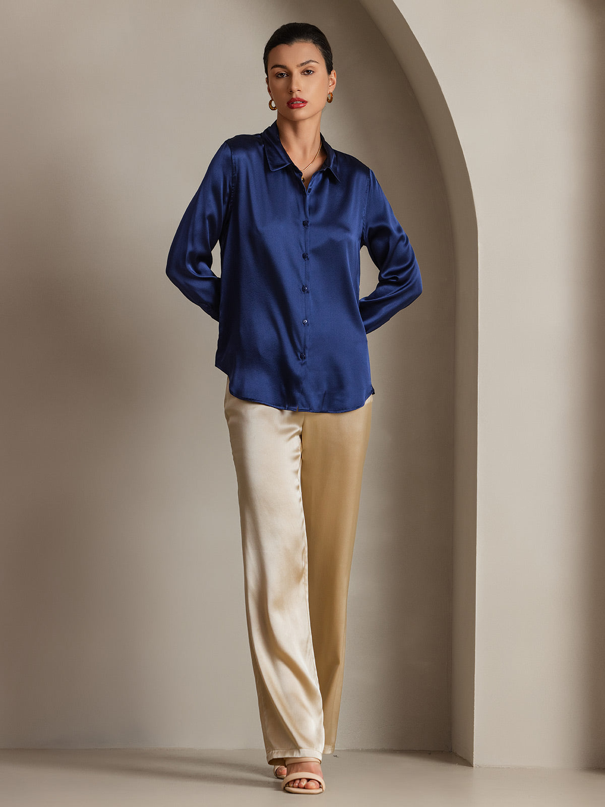 [Bleu Foncé] SilkSilky-FR Soie Manches longues Col Chemise Femme Chemise 004