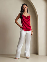 [Rouge Vineux] SilkSilky-FR Spaghetti Strap Cowl Neck Top À Fines Brides 008