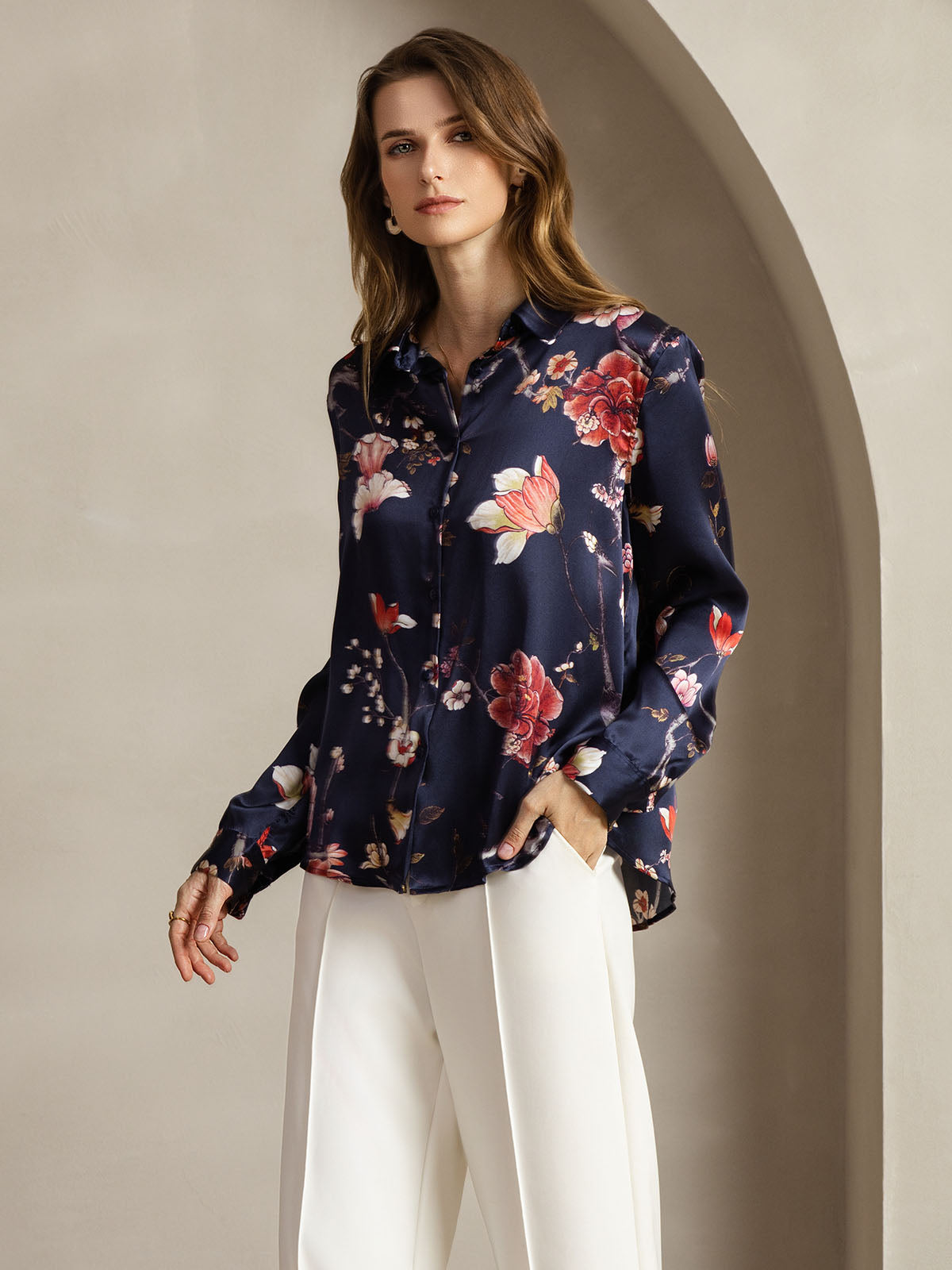 [Floral Marine] SilkSilky-FR Soie Col Chemise Femme Chemise 004