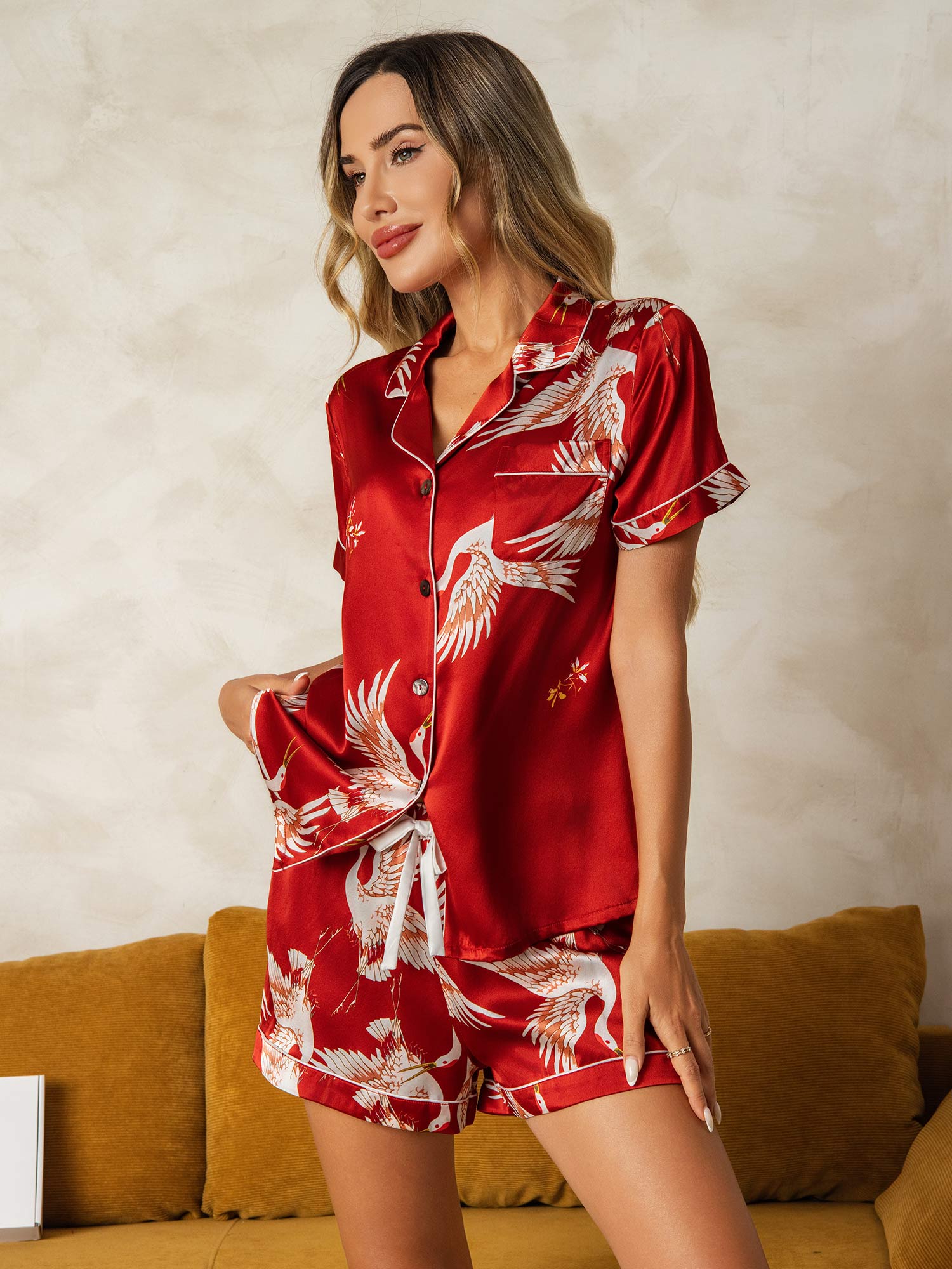 [Rouge Foncé] SilkSilky-FR 19Momme Pure Soie Manches courtes Womens Pajamas 002
