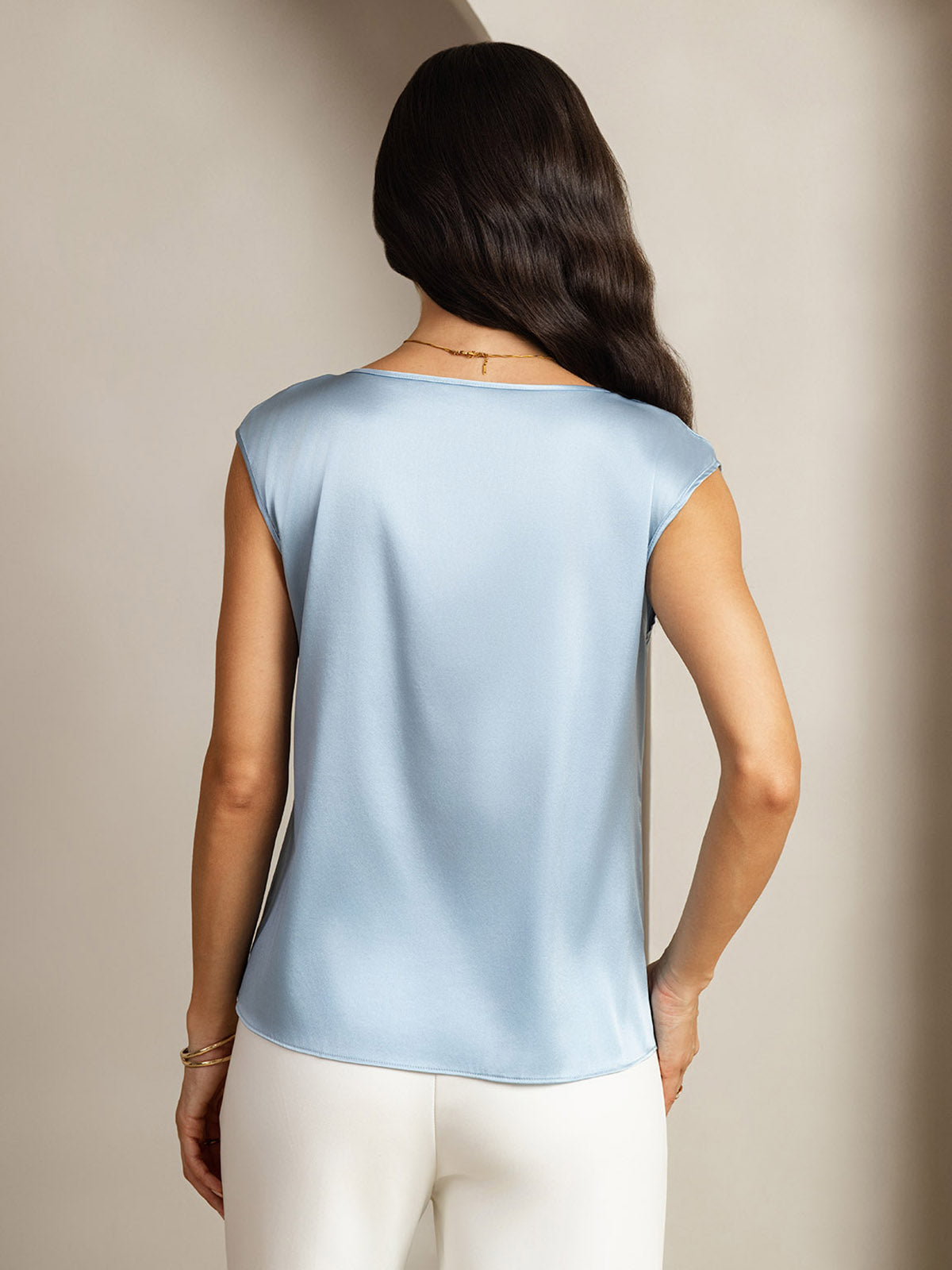 [Bleu Grisâtre] SilkSilky-FR 19Momme Soie Col Rond Femme T-Shirt 002