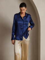 [Bleu Foncé] SilkSilky-FR Long Sleeve Lapel Collar Femme Chemise 003