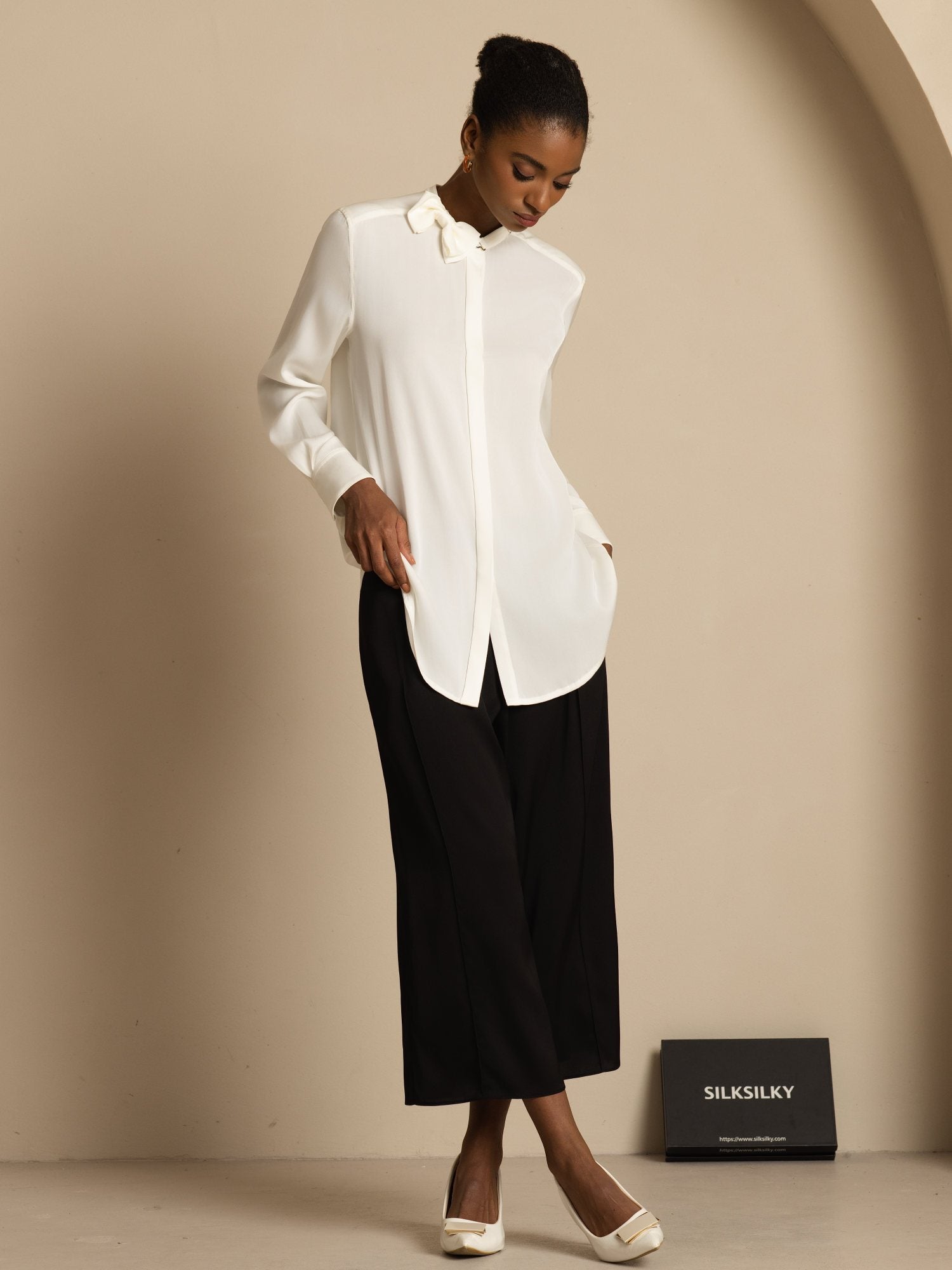 [Blanc] SilkSilky-FR 19Momme Soie Manches longues Col Montant Blouse 006